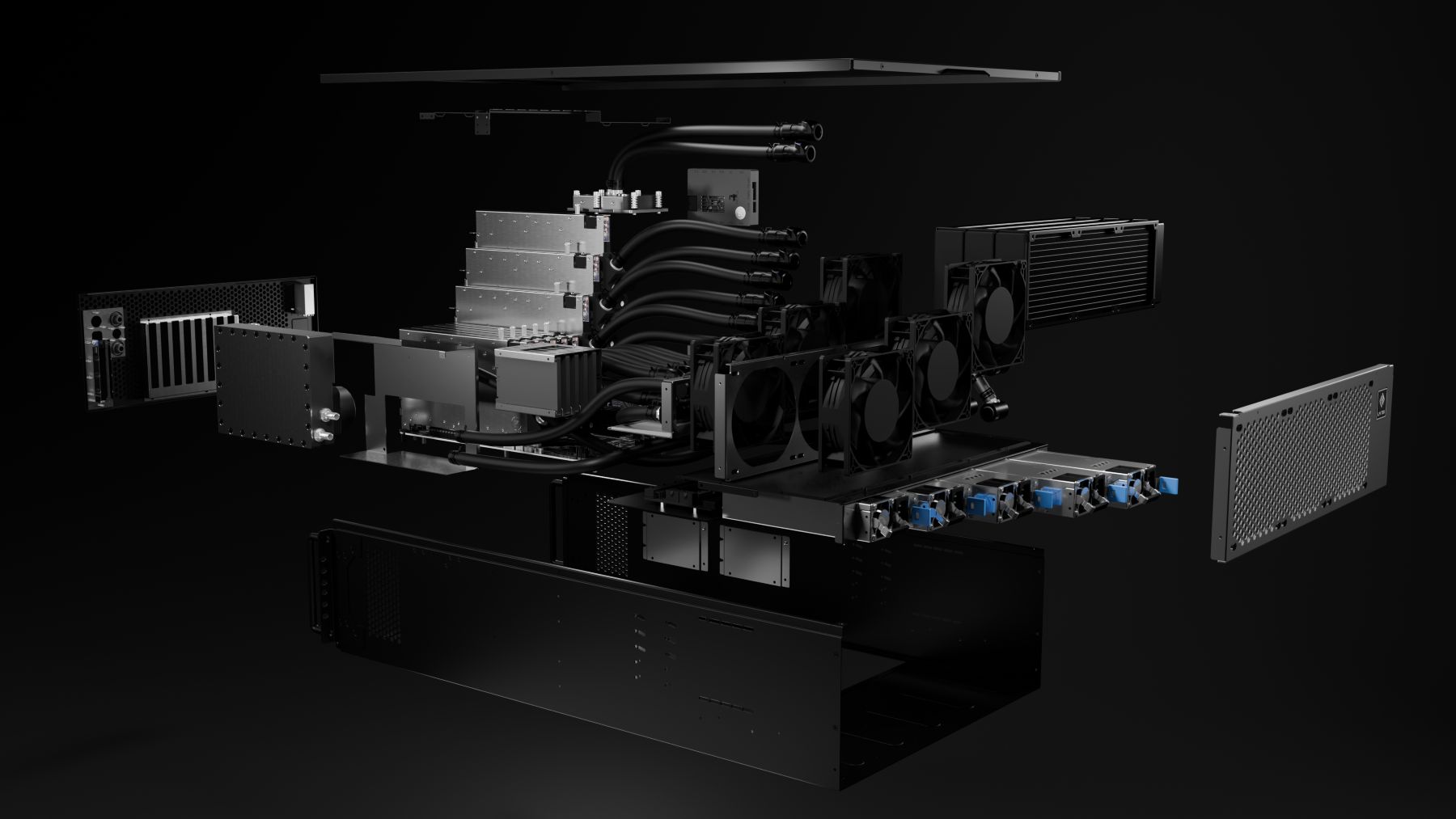 LM TEK 4U8GPU10KW — exploded view of the chassis, cooling loop, and power assembly