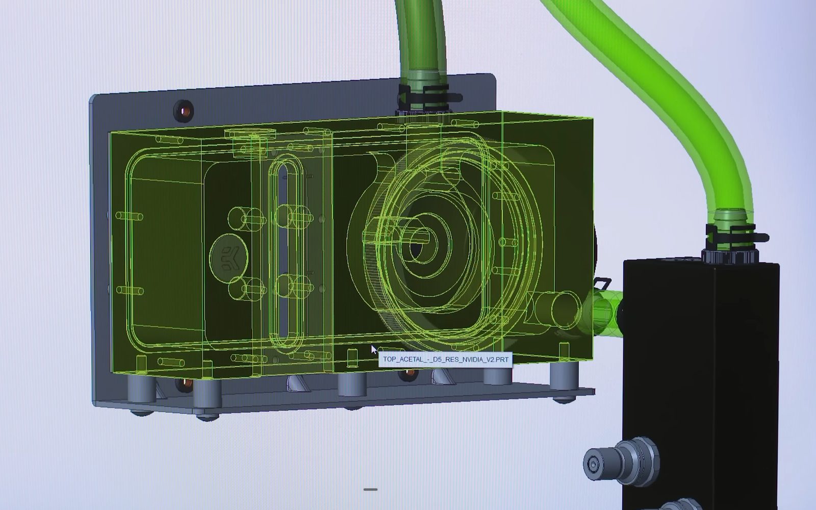 CAD model of the DGX Station A100 pump and reservoir assembly with its tubing