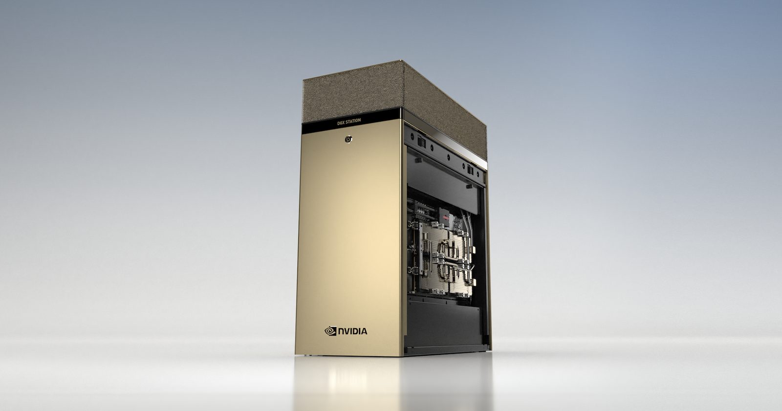 NVIDIA DGX Station A100 tower with its side open on the liquid-cooled GPU assembly